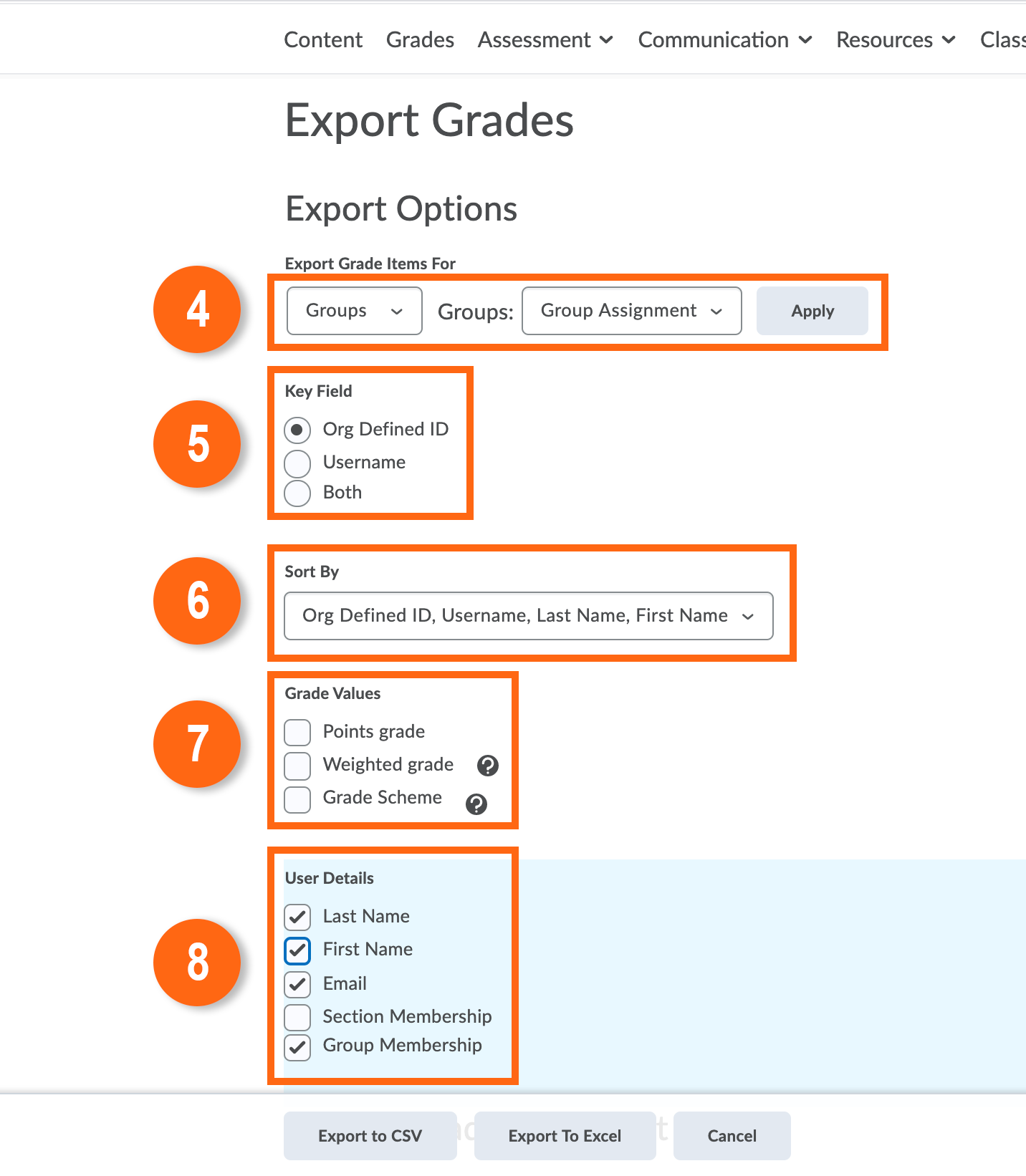 Options within the grades menu that are selected from 