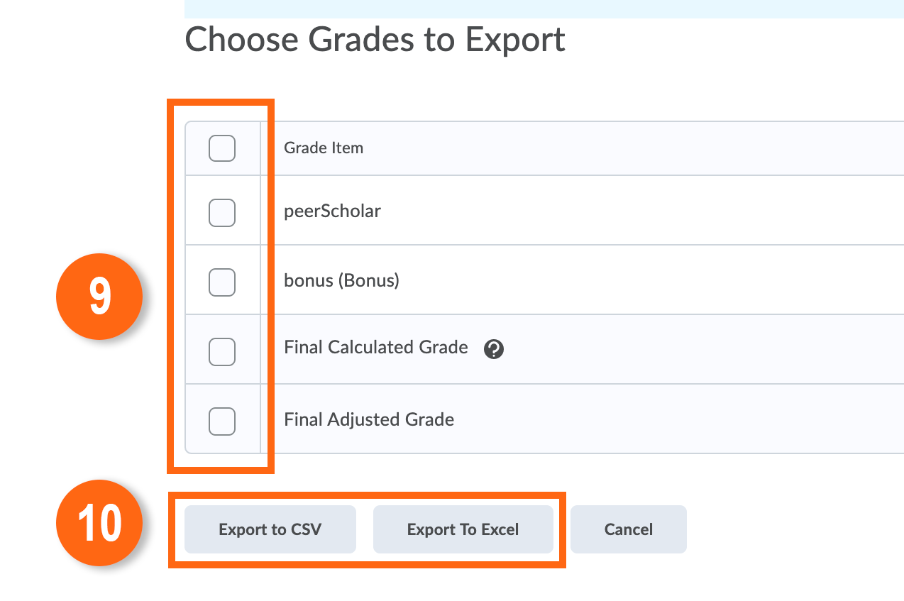 Unselecting grades and exporting as an excel file or CSV