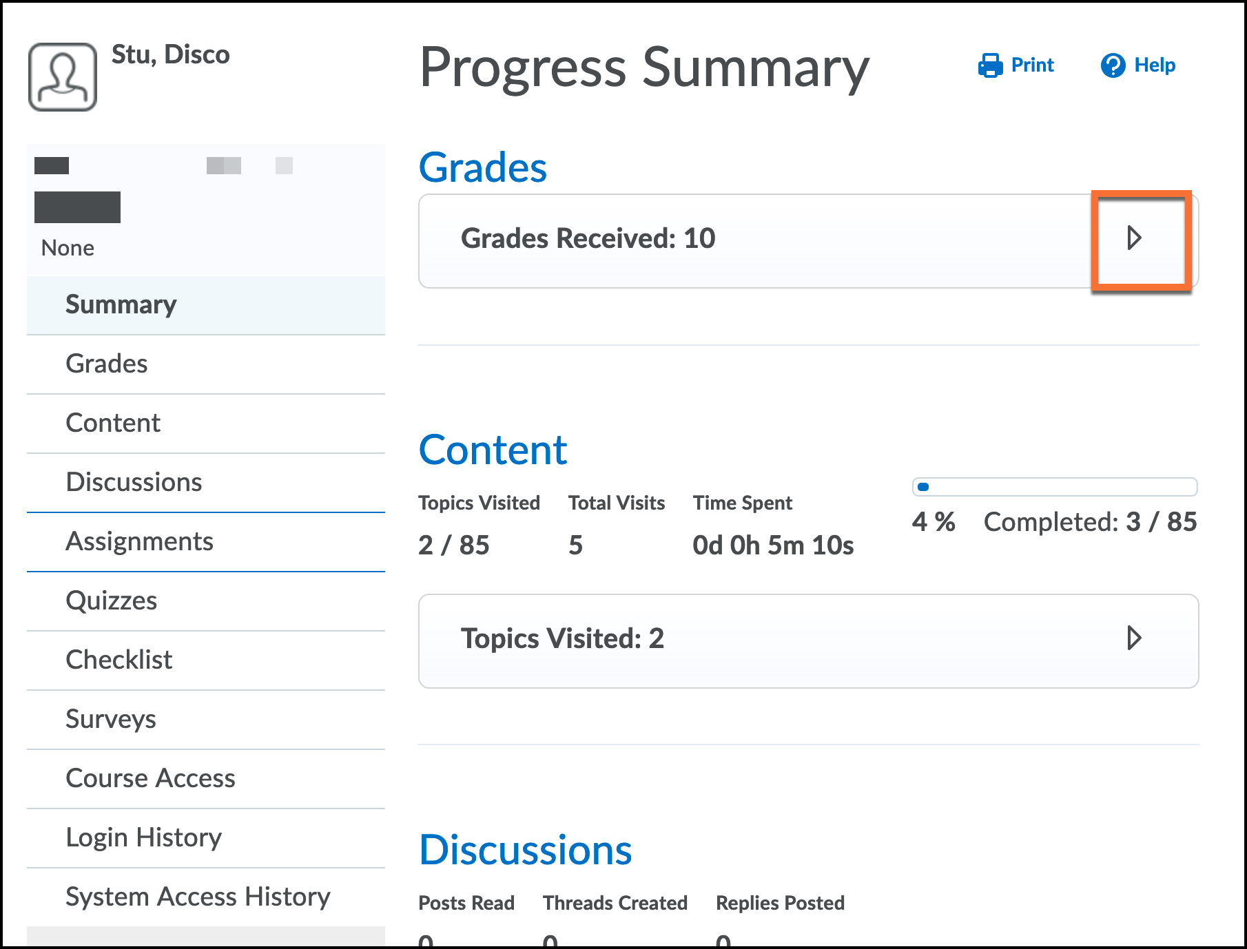 The Progress tool summary page for students