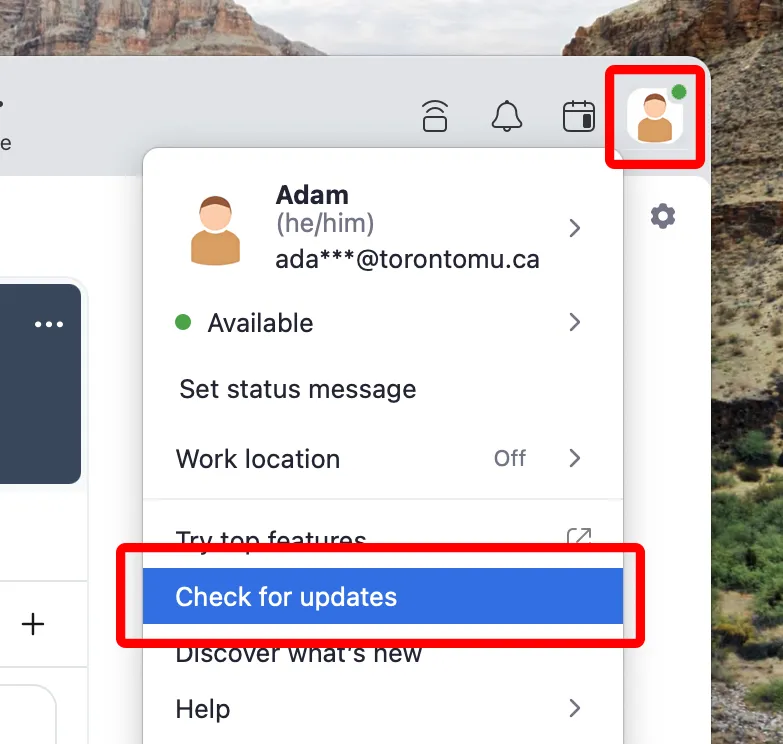 Screenshot of Check for updates menu item within the Zoom desktop application.