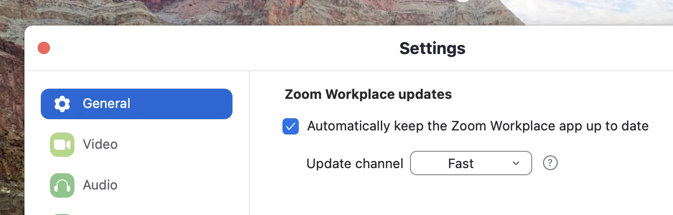 Screenshot of Zoom desktop app: Automatically keep the Zoom Workplace app up to date.