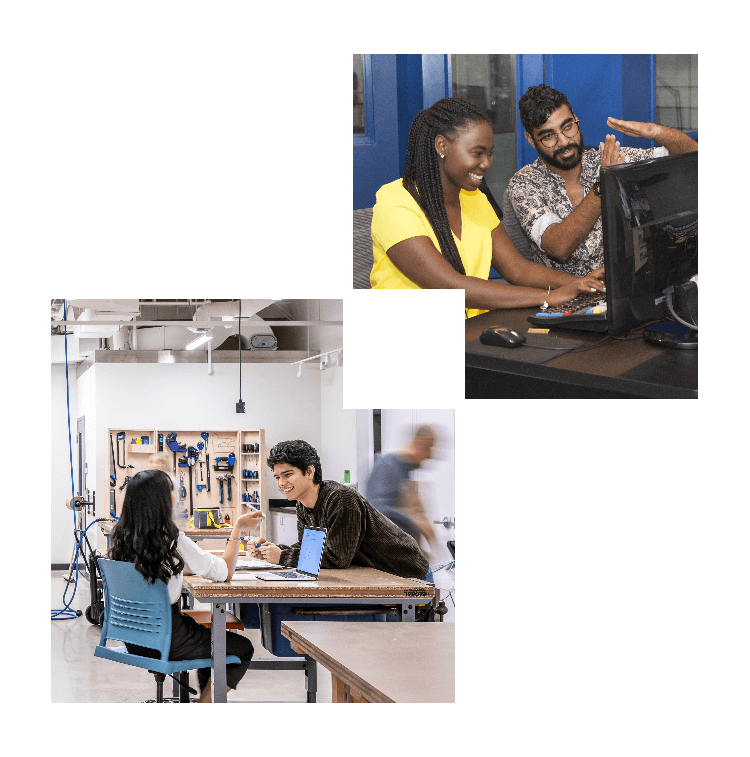 TMU students working on computers collaborating on projects