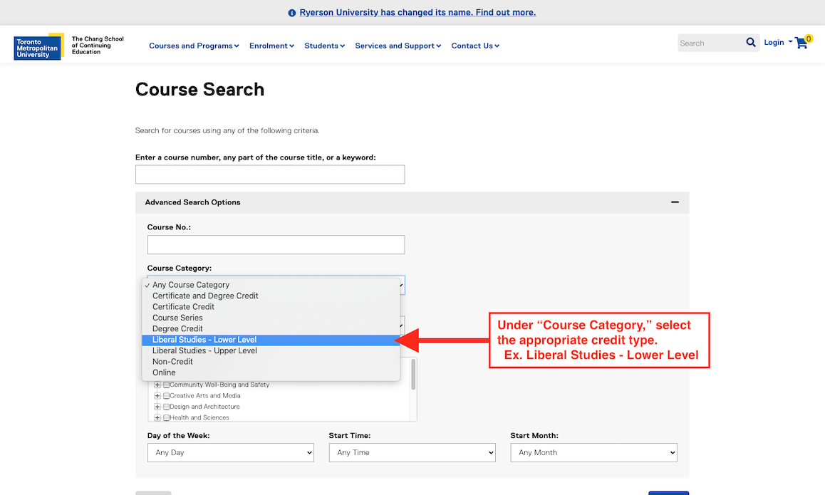 Step Three: Under "Course Category," select the correct credit type. Ex. Liberal Studies - Lower Level