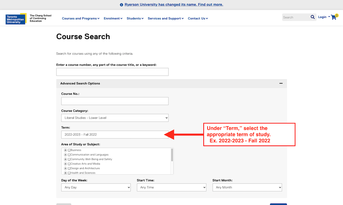 Step Four: Under "Term," select the appropriate term of study. Ex. 2022-2023 - Fall 2022