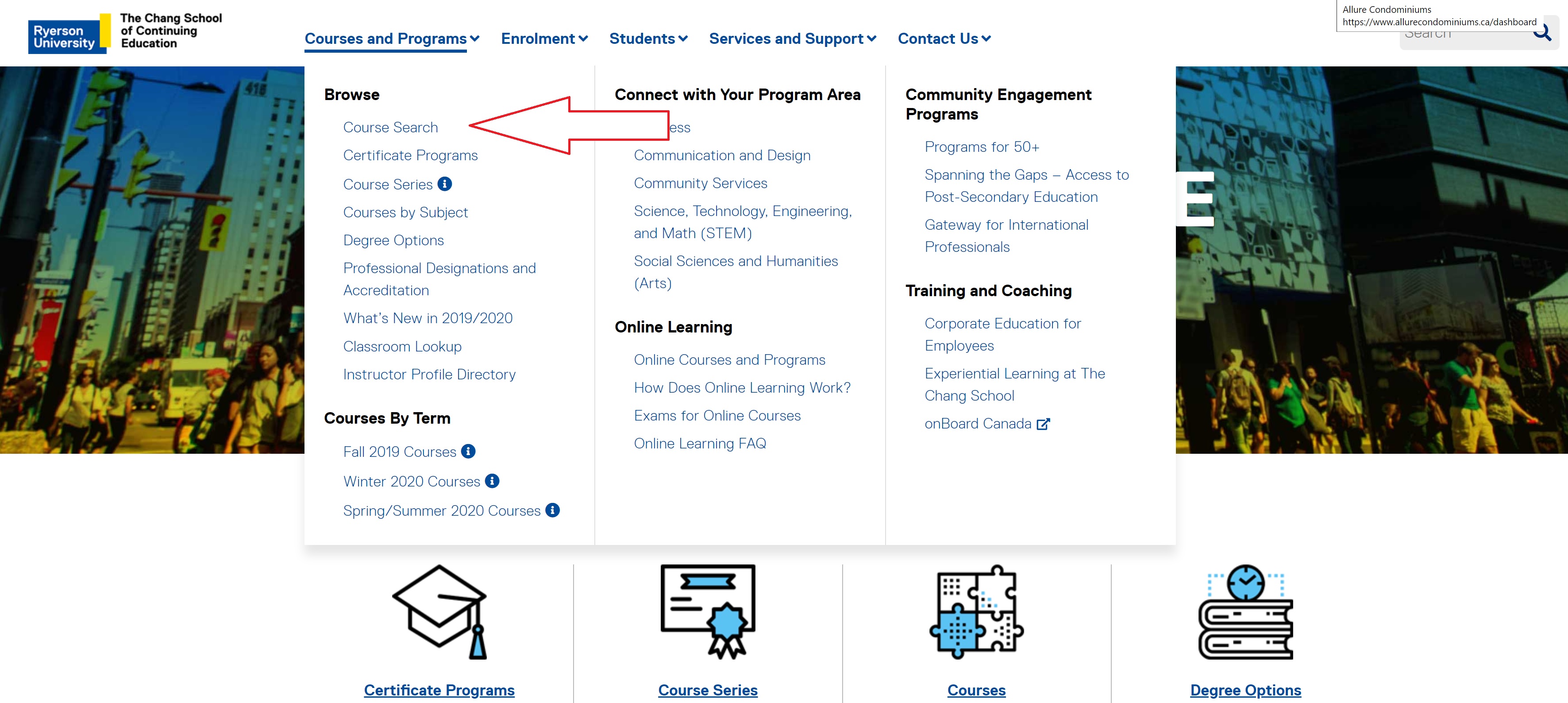 The Chang School course search step two: Click on "course search" under the Browse heading