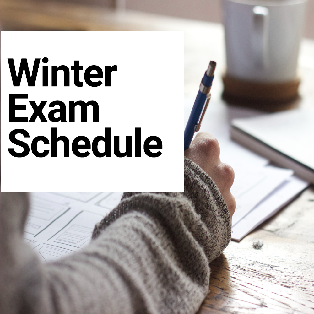 The phrase "winter exam schedule" with the backdrop of a person writing an exam