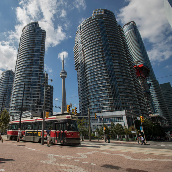 Toronto skyline from street level.