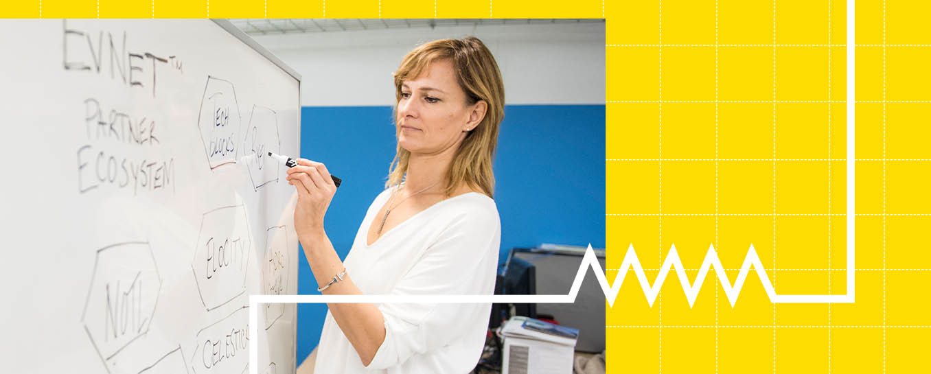 A woman is writing on a whiteboard. She is in focus and the writing EVNET PARTNER ECOSYSTEM is out of focus.