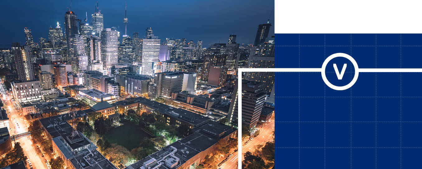 Toronto at night with the Ryerson quad in the foreground.