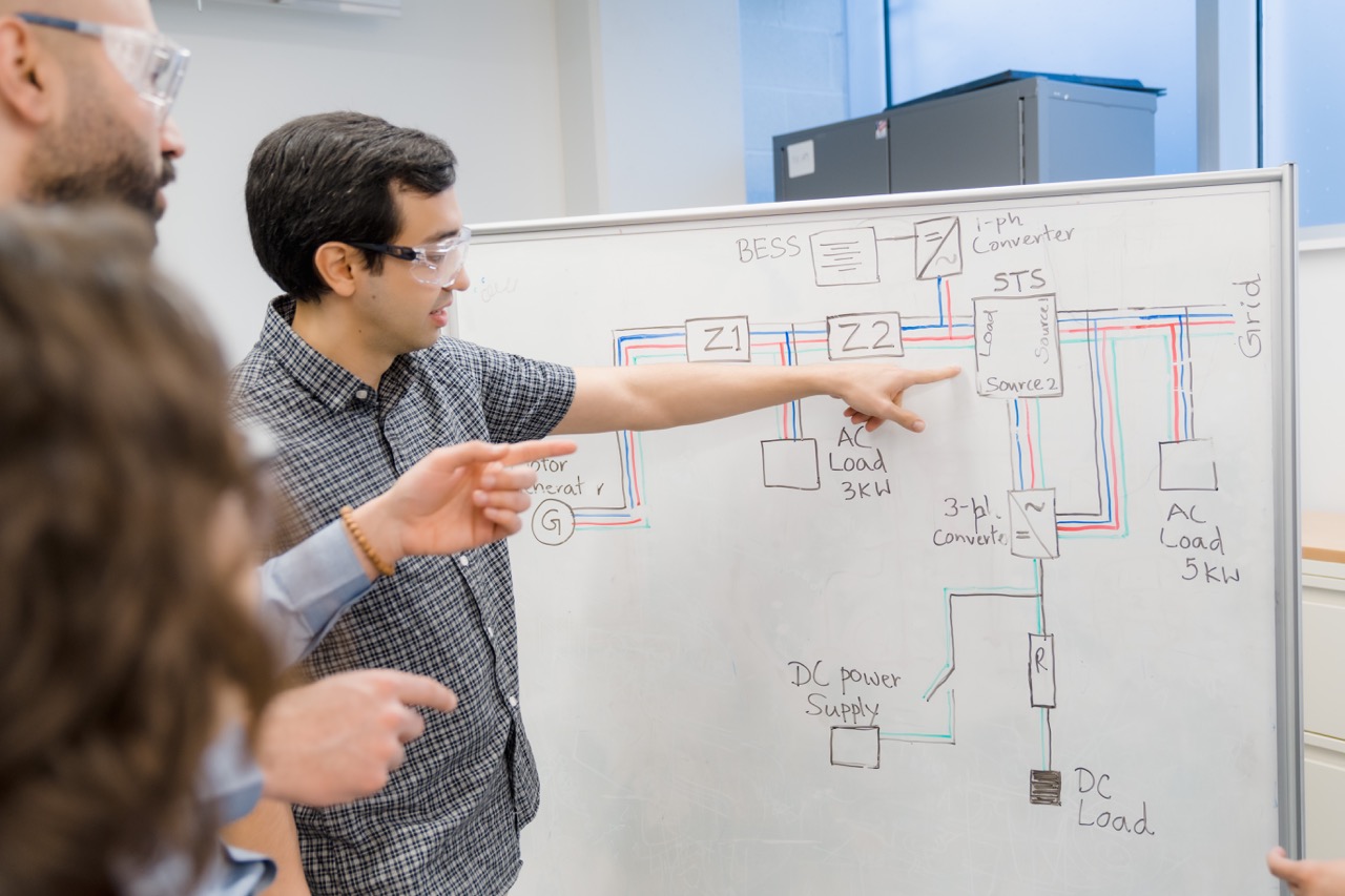 Researchers discussing a grid shown on a whiteboard