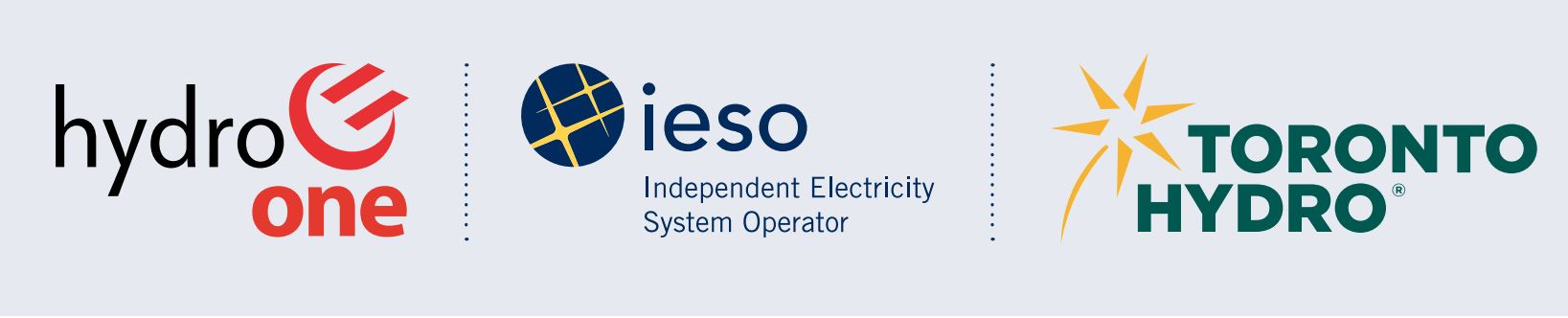 Logos of Founding CUE Sponsors. From left to right, includes Hydro One, Independent Electricity System Operator (IESO),  and Toronto Hydro