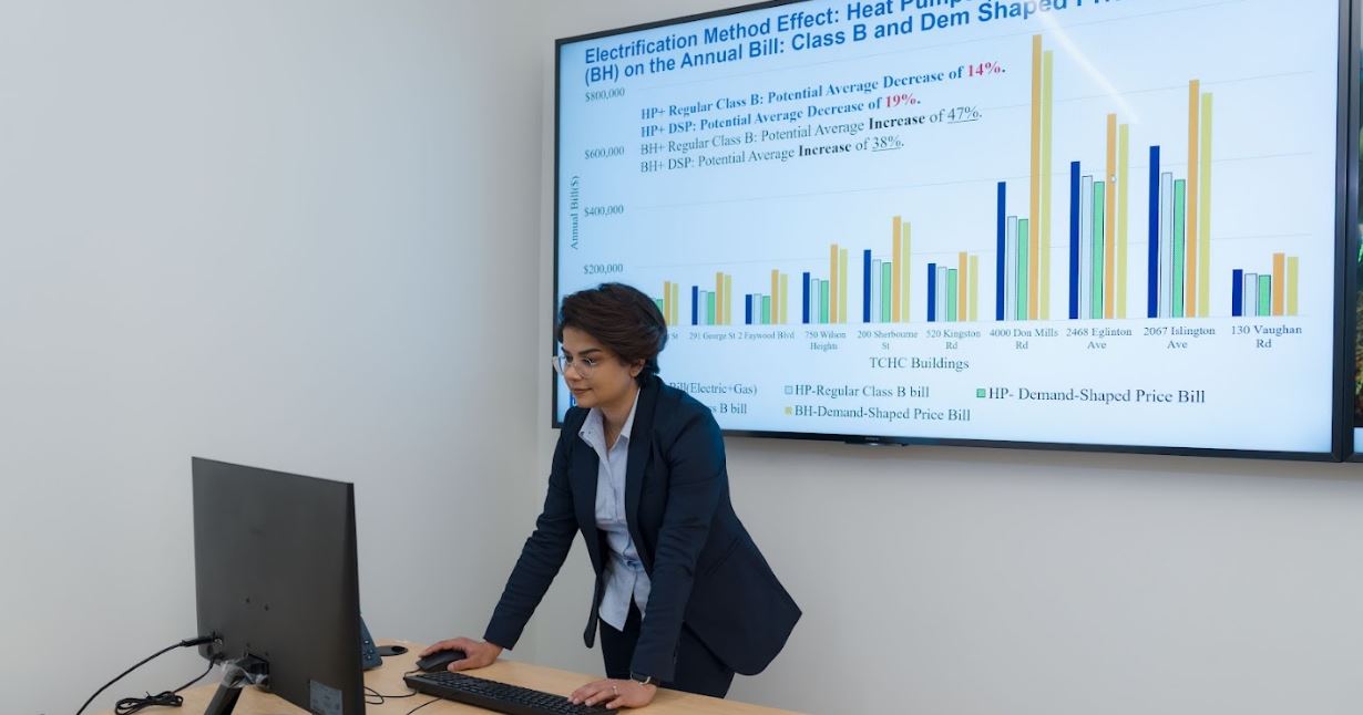 Research Fellow with project on-screen behind her