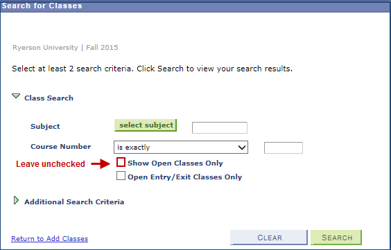"Show Open Classes Only" check box unselected in Class Search section