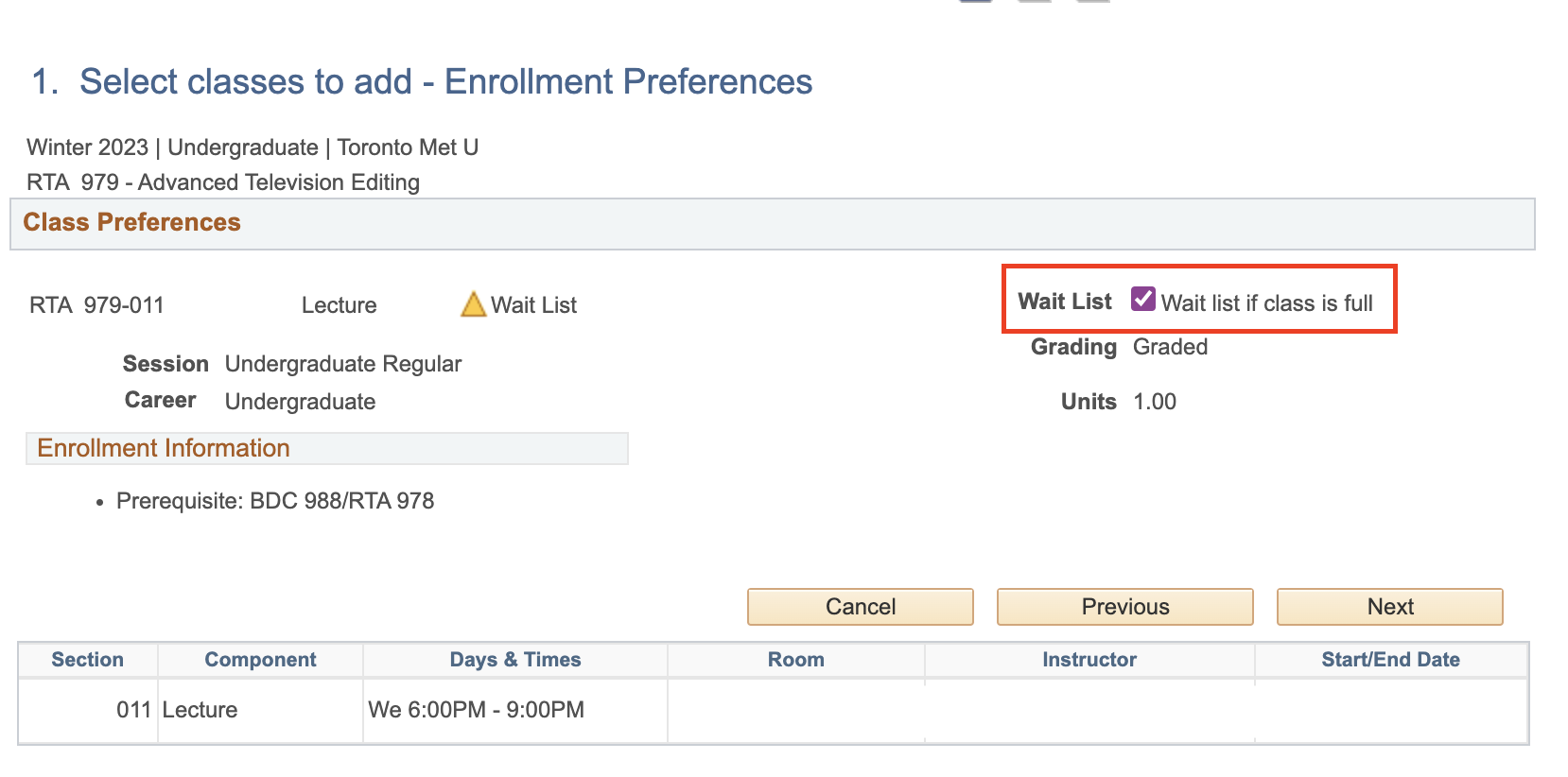Wait list button checked to enable wait list if class is full in the enrolment preferences page.