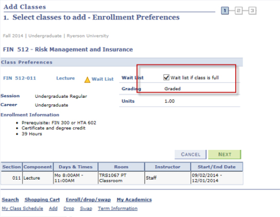 "Wait list if class is full" checkbox selected in RAMSS