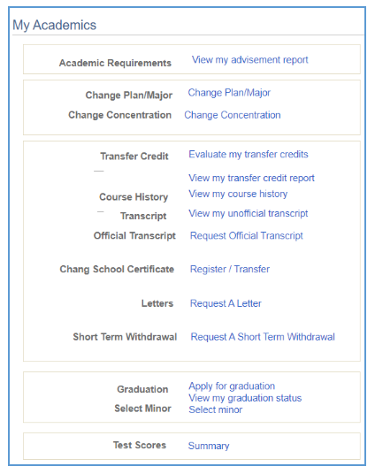 My Academics section of MyServiceHub with list of links, including Short Term Withdrawal.