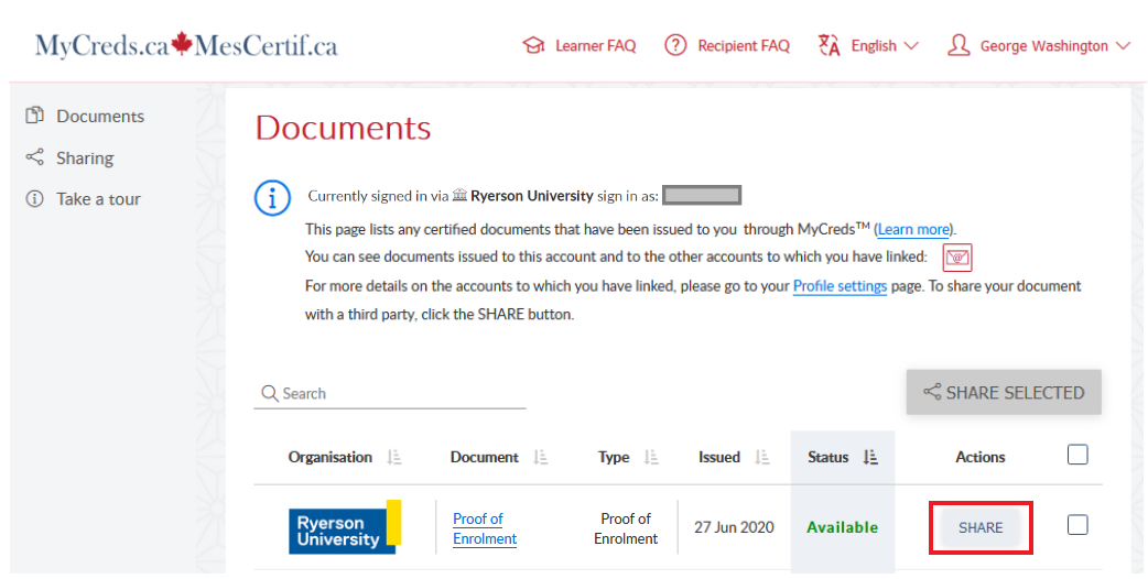 The Documents page on MyCreds with the Share link highlighted.