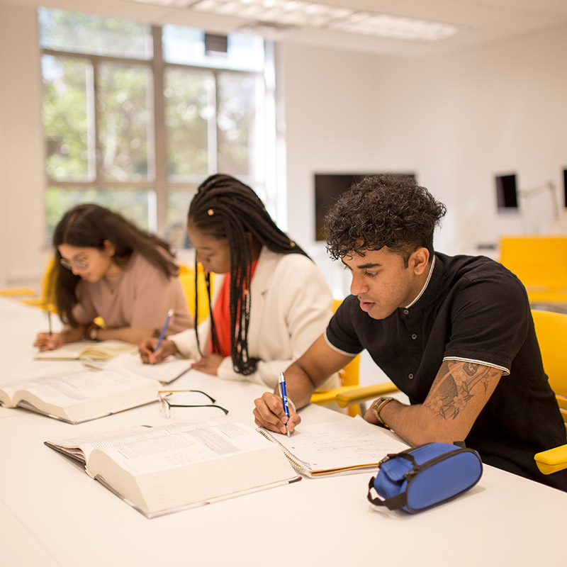 Three students at a table by a sunny window focus on their textbooks.