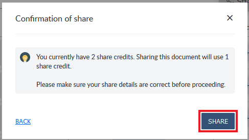 Confirmation of share window in MyCreds indicating number of available shares. Share button at bottom of same window is highlighted.