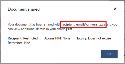 Document Shared window confirming email addresses, with the recipient email address section highlighted.