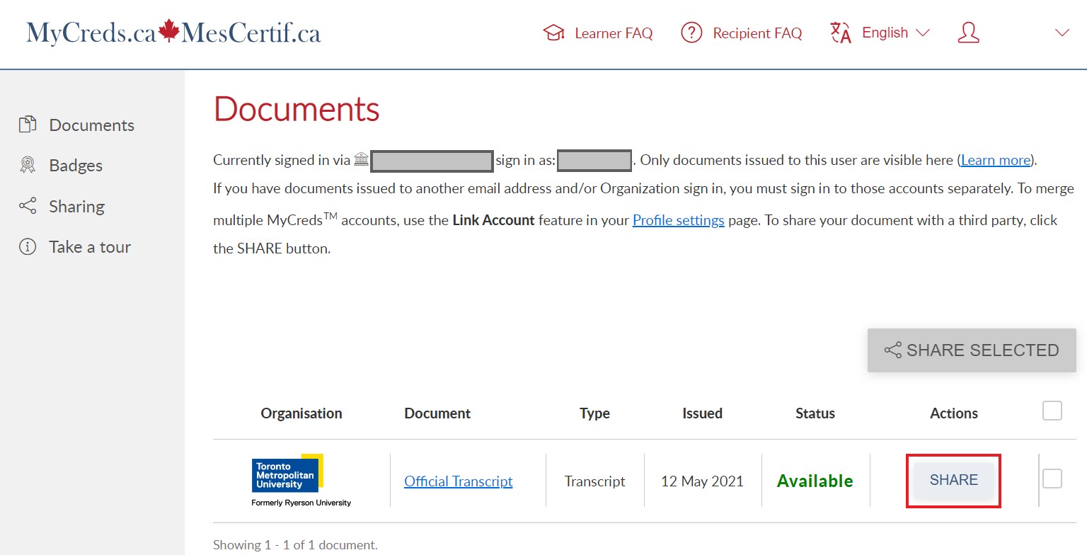 Documents page in MyCreds showing list of documents, their issue date, and status. In the Actions column of the documents chart, you can select "Share."