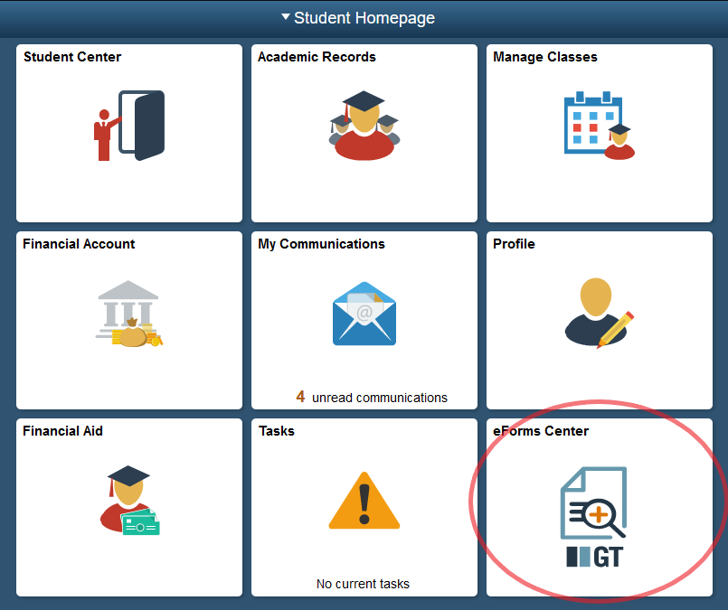eForms tile in bottom right of Student Homepage on MyServiceHub