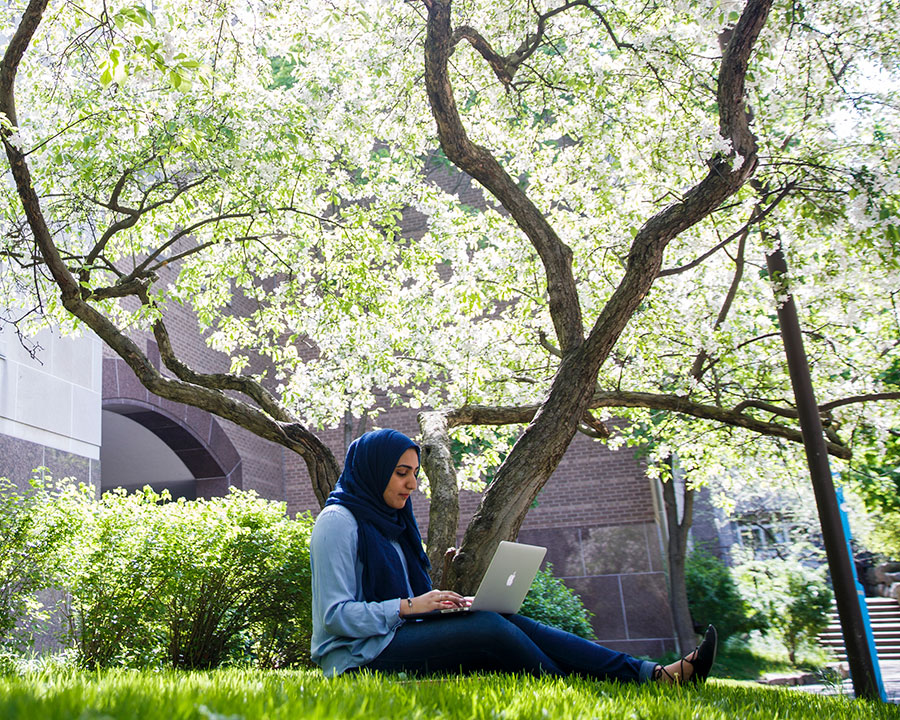 A female student sits under some trees while working on her laptop. She is wearing a hijab.