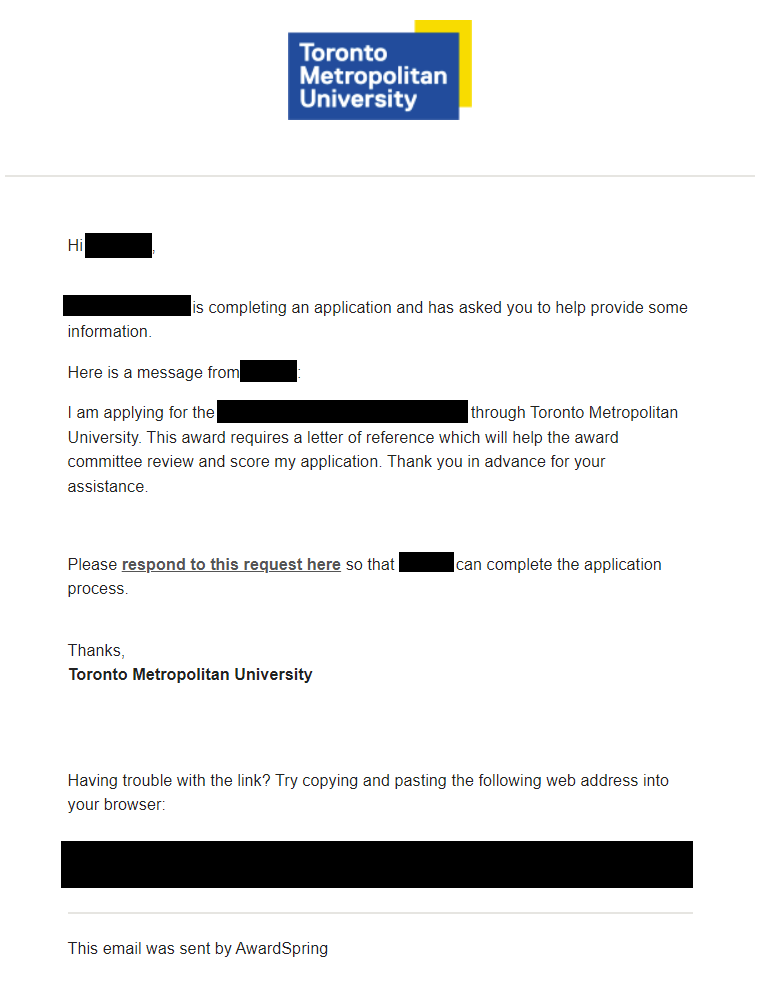 Email to a referee from AwardSpring with TMU logo at the top. Includes a message from the student and a link to respond to the request.