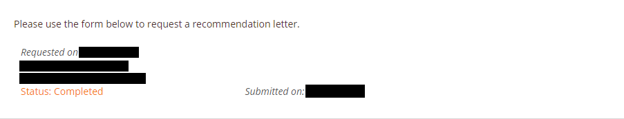 AwardSpring page showing the status as "Completed" for a requested letter of recommendation.