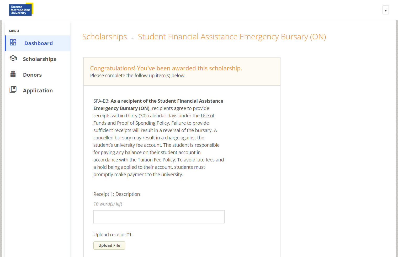 The AwardSpring dashboard displaying the upload panel to complete the bursary process.