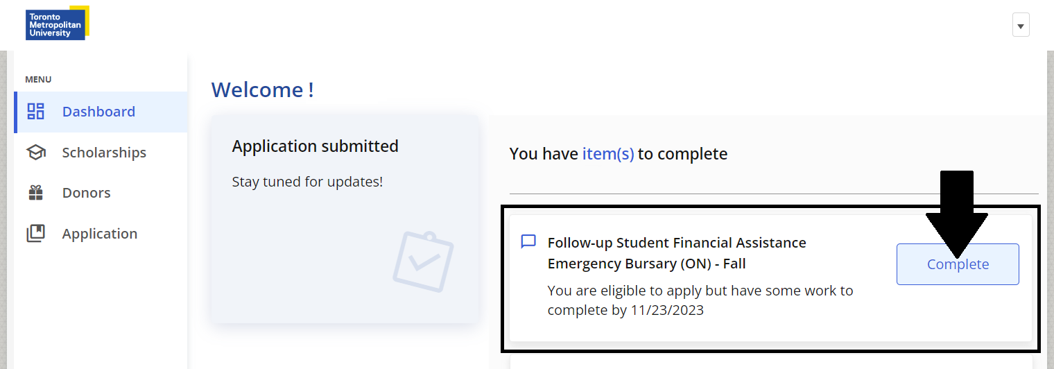 Example screen of what you will encounter when you are eligible to apply for the Emergency Bursary.