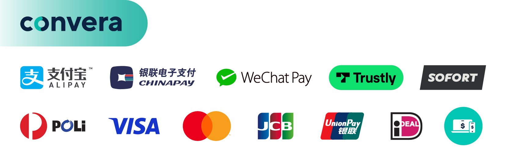 Convera: ALIPAY, CHINAPAY, WeChat Pay, Trustly, SOFORT, POLi, VISA, MasterCard, JCB, UnionPay, iDEAL and more.
