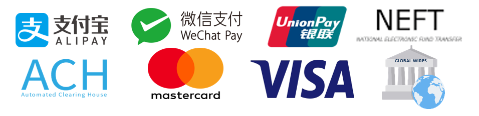 Payment options, including AliPay, WeChat Pay, UnionPay, NEFT, ACH, MasterCard, VISA, and Global Wires.