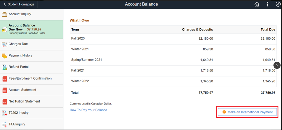 The Account Balance screen of MyServiceHub