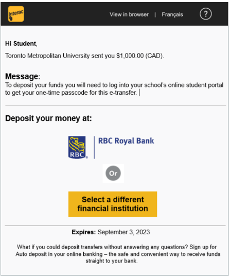 Interac email screen includes amount sent by TMU, deposit options and expiration date.