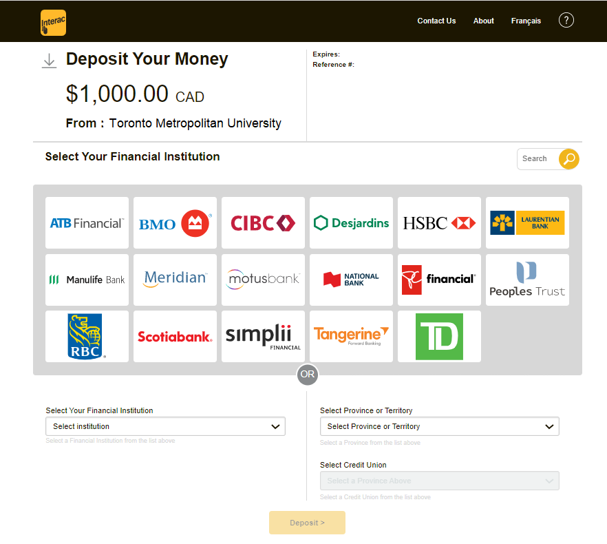 Deposit Your Money screen includes an alphabetized list of bank logos to select from.