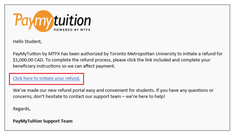PayMyTuition screen includes a link to initiate your refund.