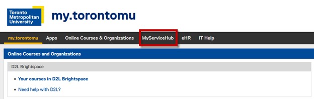 my.torontomu main page with MyServiceHub tab boxed in red