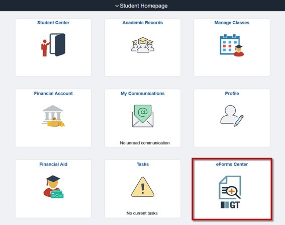 eForms Center tile in MyServiceHub student homepage