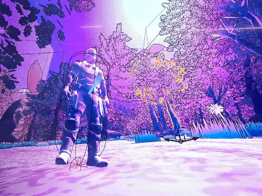 A virtual environment of an urban park, coloured with blues and purples. There is a blobby human figure in the frame. 