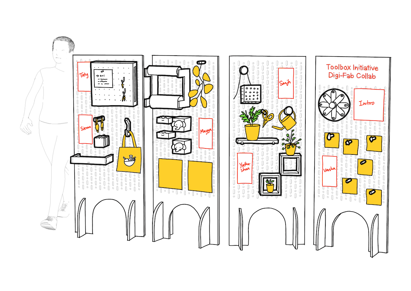 A digital sketch of Toolbox's showcase displays of student work.