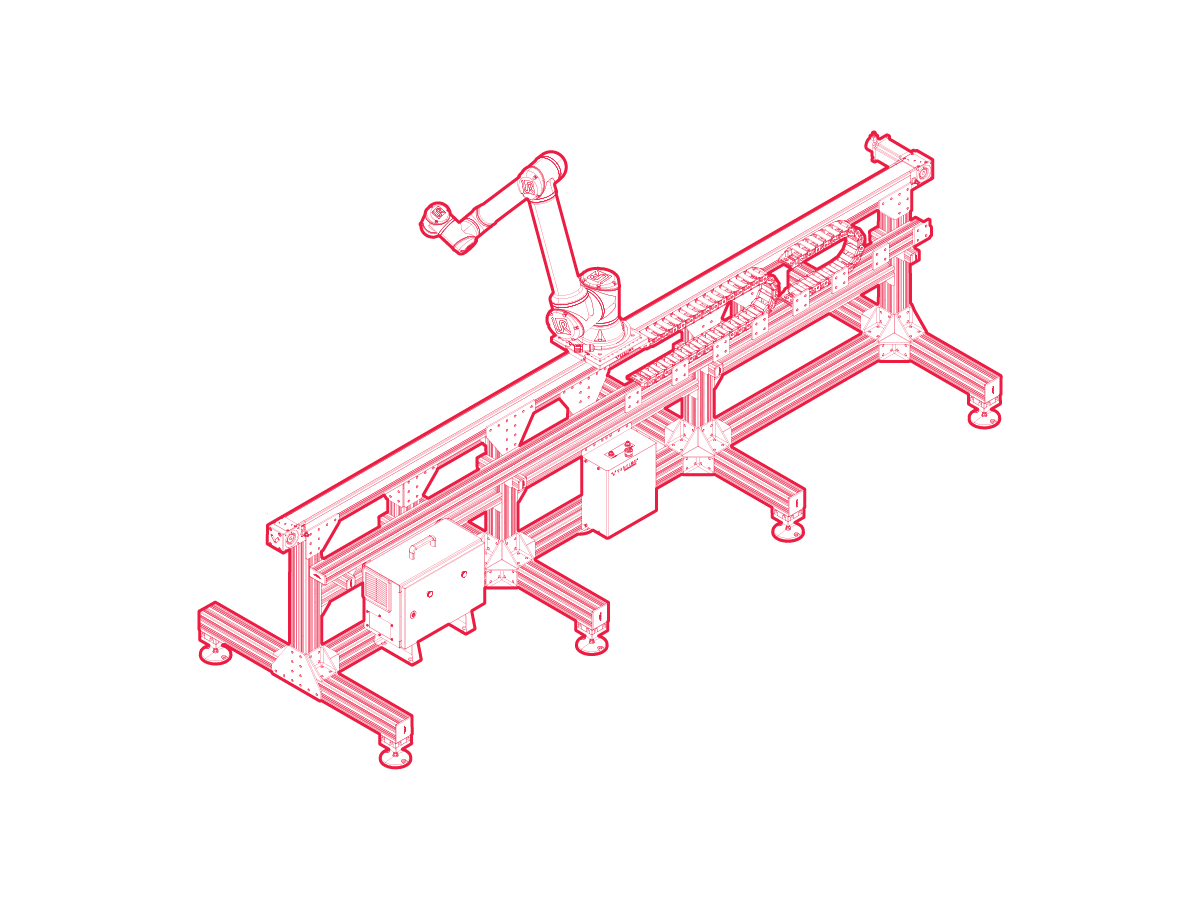 Isometric line drawing of a robotic arm and its long axis of travel.