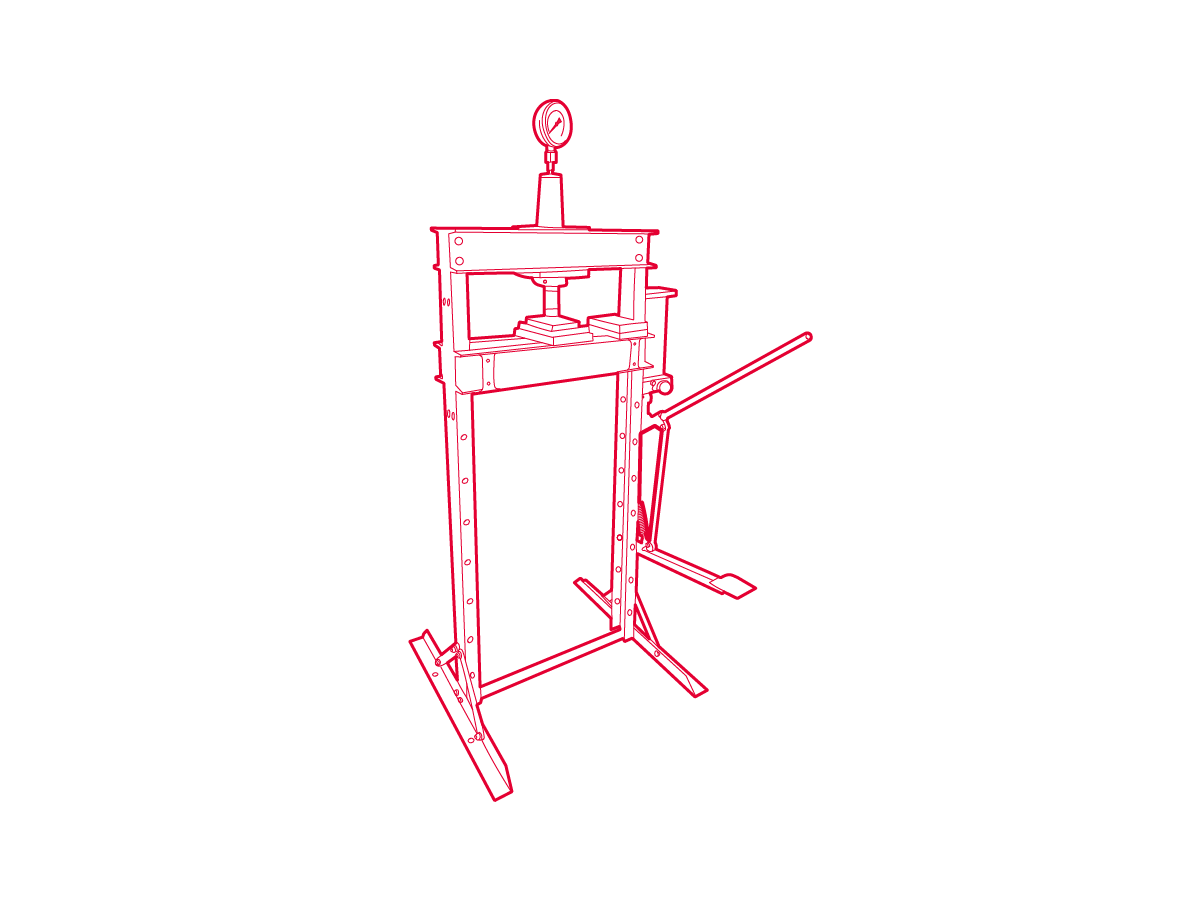 Isometric line drawing of a hydraulic press.