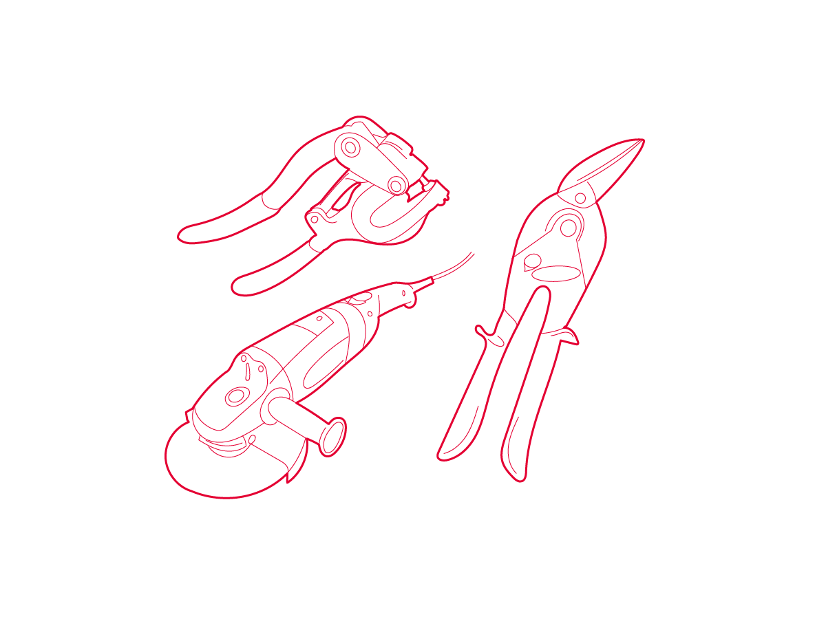 Isometric line drawing of 3 hand tools: angle grinder, tin snips and a mental punch.