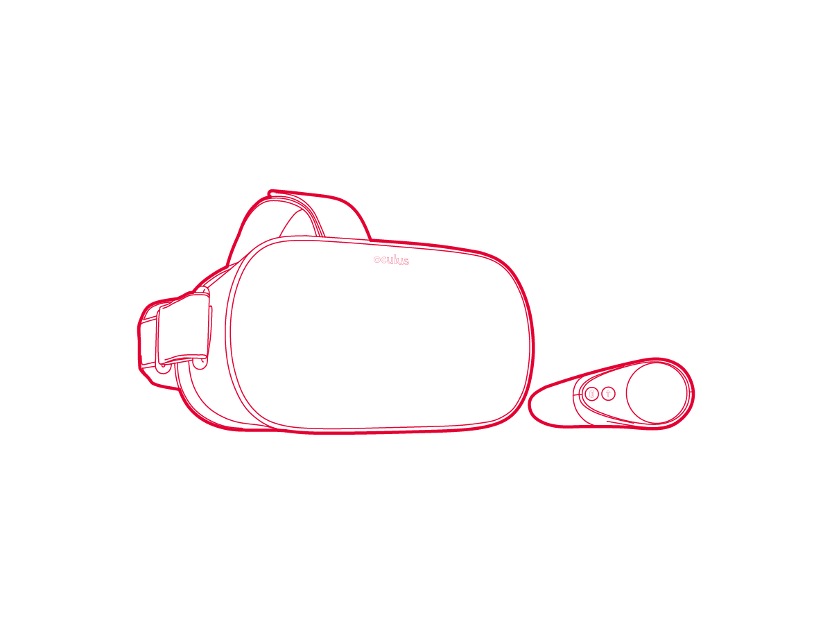 Line drawing of the Oculus Go VR headset and controller.