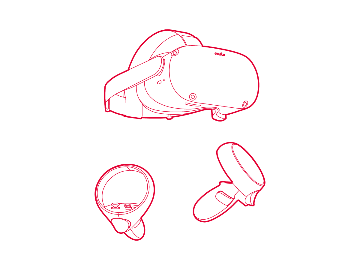 Isometric line drawing of VR headset and handheld controllers.