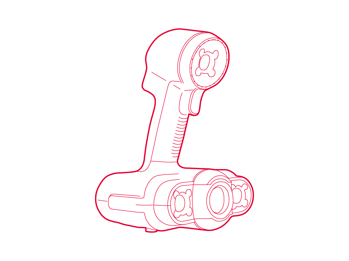 Isometric line drawing of a handheld 3D scanner.