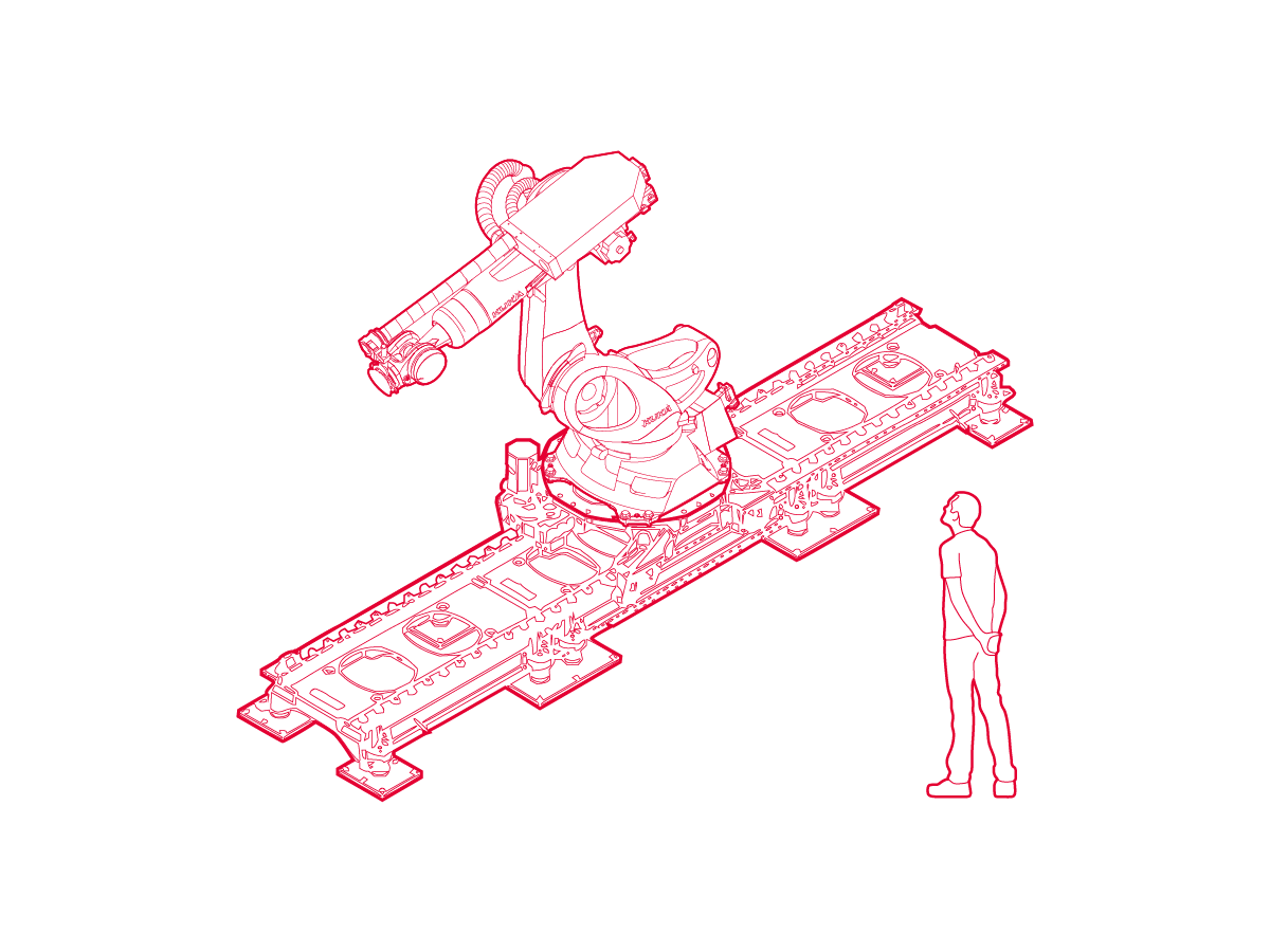 Isometric line drawing of the Kuka KR150 Robot, with a human beside it for scale.