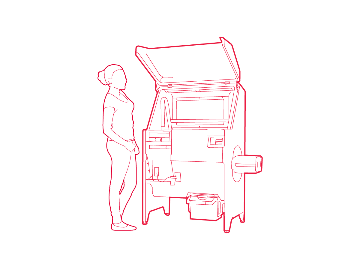 Isometric line drawing of the Formlabs Sift SLS machine, with a human beside it for scale.