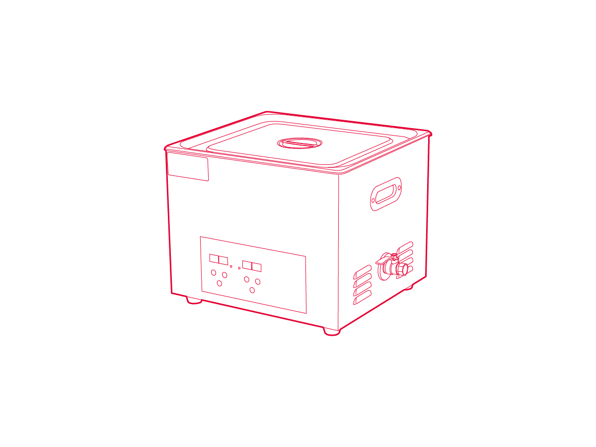 Isometric line drawing of an ultrasonic cleaner.